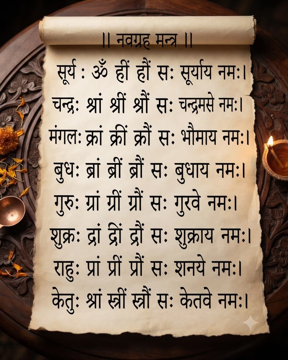 Traditional scroll showing Navagraha mantra presentation