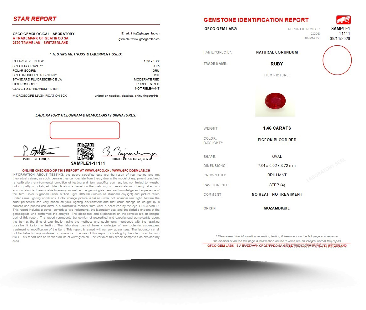 GII gemstone certificate sample